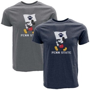 heather gray and navy heather short sleeve t-shirts with Mickey Mouse holding flag with paw print above Penn State